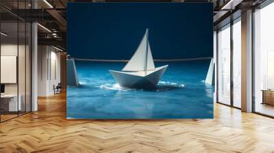 Sailing paper boat comes around an obstacle. To overcome or to avoid negativity isolated with white highlights, png Wall mural