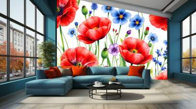 Seamless pattern of watercolor poppies and cornflowers isolated with white highlights, png Wall mural