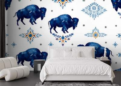 Seamless pattern with watercolor realistic bison silhouette and national ornament in blue colors on white background isolated with white highlights, png Wall mural