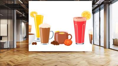 Set of cartoon food: non-alcoholic beverages - tea, herbal tea, hot chocolate, latte, mate, coffee, root beer, smoothie, juice, milk shake, lemonade and so. Vector illustration, isolated on white is Wall mural