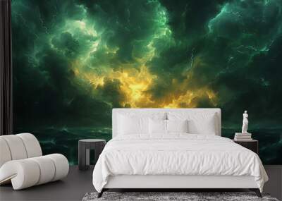 Abstract art of stormy sky dynamic colors of green and yellow with vibrant lightning bolts illuminating the horizon Wall mural