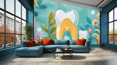 Abstract graphic of dental patient education featuring visual aids for oral hygiene preventive care and treatment procedures with engaging design Wall mural