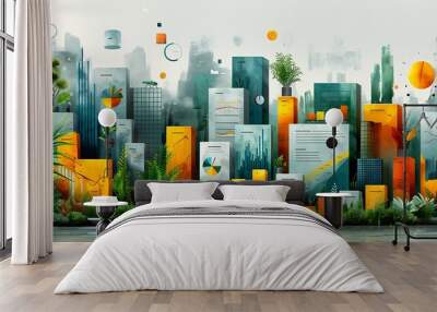 Artistic depiction of business growth metrics with elements like scaling strategies revenue model and customer acquisition using modern design elements Wall mural