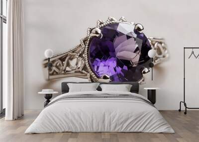 Beautiful amethyst ring featuring a large purple gemstone surrounded by delicate silver filigree evoking a sense of royalty Wall mural