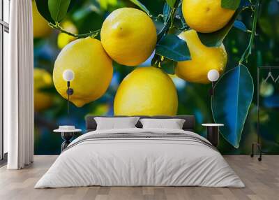 Citrus limon Eureka Lemon a professional farm Eureka lemons growing on the tree surrounded by lush green foliage showcasing their natural environment Wall mural