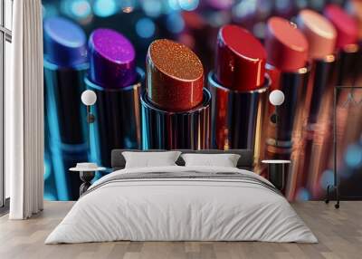 Dazzling CloseUp of Vivid Metallic Lipsticks Sleek Contour Sticks Radiant Highlighters Neatly Organized a Reflective Surface with Dynamic Shadows Enhancing Each Product's Appeal Wall mural