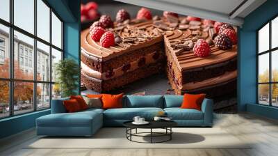 decadent chocolate raspberry cake cut out on an isolated simple minimalist background Wall mural