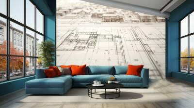 Detailed blueprint for a construction project focusing on site layout material selection and zoning regulations with precise detailed annotations Wall mural