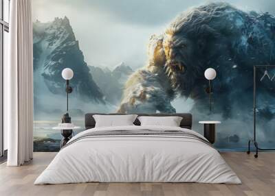 epic printable mural of fierce Norse warrior battling mythical frost giant amidst snowy landscape perfect enhancing the ambiance of a winterthemed lounge's wall invoking the spirit of ancient legends Wall mural