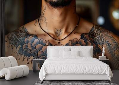 Geometric tattoo of abstract shapes patterns on a man's chest black ink Detailed process intricate geometric art Wall mural