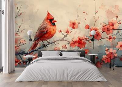 mesmerizing painting of an adult male Cardinal Cardinalis cardinalis perched on a blooming cherry blossom branch created in an enchanting watercolor style Wall mural