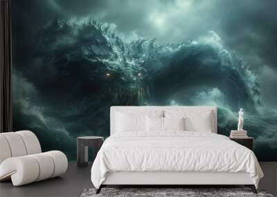 Myth of the Leviathan a massive sea monster lurking in the depths ancient biblical mythology stormy seas fearsome and powerful symbol of chaos Wall mural