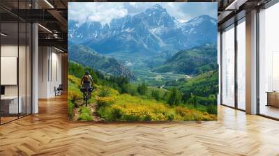 Solo Hispanic man on a mountain bike trail in the Rocky Mountains USA Wall mural