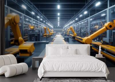 Streamlined modern factory floor featuring automated mechanical systems and machinery, illustrating the role of machine learning in optimizing mechanical engineering processes Wall mural