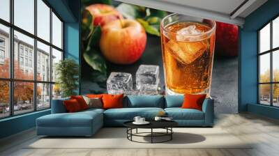 A refreshing glass of apple juice with ice cubes and apples in the background, refreshing beverage, homemade drink , apple juice Wall mural