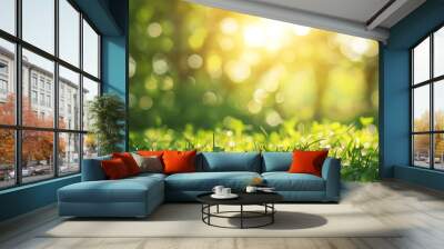 Blurred bokeh sunlit natural grass background Wall mural