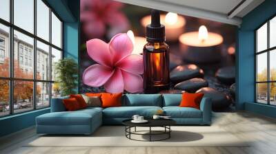 Essential Oil Bottle with Pink Flower and Black Stones, Spa, Wellness , Wall mural