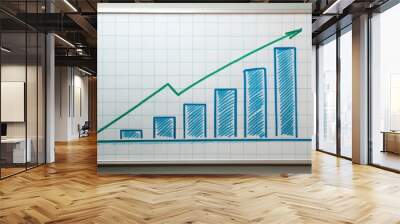 Hand Drawn Green Upward Trend Line with Blue Bars on Whiteboard, whiteboard, bar chart, trend line, growth , graph Wall mural