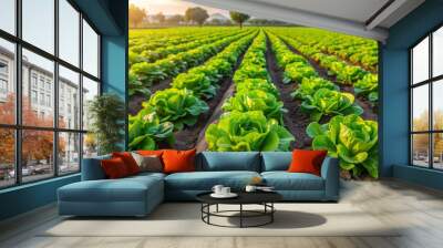 Lettuce Field Rows Close Up, Sunset, Fresh Produce, Agriculture, Farming, Gardening , lettuce Wall mural