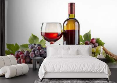 Red Wine with Grapes in a Glass and Bottle, white background, grapes, wine, drink ,food Wall mural