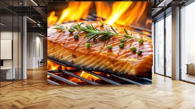 Salmon Filet with Rosemary and Peppercorns on a Hot Grill, Salmon , BBQ , Grill Wall mural