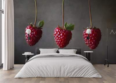 Three Hanging Raspberries on a Gray Background, Still Life , Still Life Photography , Raspberry Wall mural