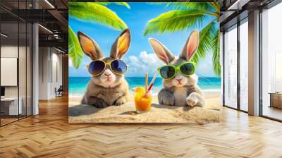 Two Bunnies in Sunglasses Enjoying a Tropical Beach Vacation, Palm Trees, Summer Fun , bunny, beach Wall mural