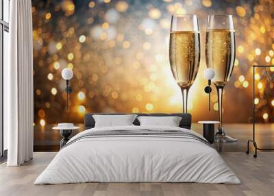 Two Champagne Flutes Against a Festive Bokeh Background, Golden Celebration, Romantic Drinks, Toast, New Year's Eve, Holiday Wall mural