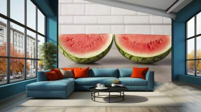 Watermelon Slices on Grey Countertop, Close-up, Two Slices, Bright Red Flesh, White Tile Background, watermelon, summer fruit Wall mural