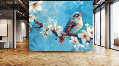 White-flowered tree with two birds; vertical oil painting, blue background, printable interior wall art, generative AI Wall mural