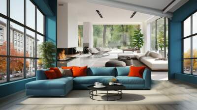 Modern white interior design with fireplace and beautiful backyard view 3D Rendering, 3D Illustration, Generative AI Wall mural