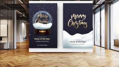 Christmas cards. Design layouts for Merry Xmas. Posters with snow globe, gifts, other Christmas decorations and lettering. Wall mural