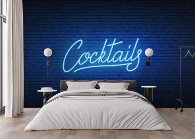 Cocktails neon sign. Glowing neon lettering Cocktail template Wall mural