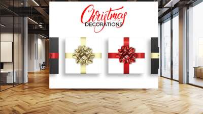 Xmas gift. Gifts with realistic gold and red metallic bows. Christmas and New Year decorations. Wall mural