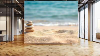 Zen pyramid of spa stones on the blurred sea background. Sand on a beach. Sea shores. Place for text isolated with white highlights, png Wall mural