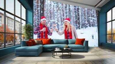 young couple in Christmas hats with sparklers in the winter forest Wall mural