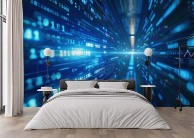 Abstract digital data stream with blue glowing binary code. Technology and big data concept for network and computing. Wall mural