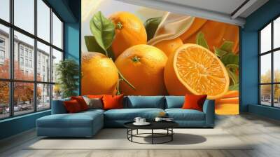 Close-up of fresh oranges with green leaves on a yellow fabric background. Healthy food and citrus fruit concept. Wall mural