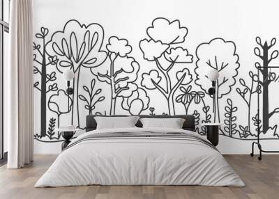 Tree plant doodle outline vector forest environment. Continuous one line tree plant for eco, nature, garden logo design. Wall mural