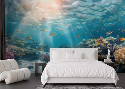 Underwater coral reef with fish swimming in sunlight rays. Marine life and ocean exploration concept for nature design. Wall mural