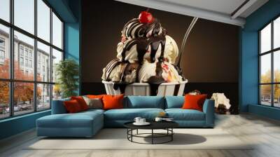 Vanilla ice cream sundae in a cup with a cherry on top - Generative AI Wall mural