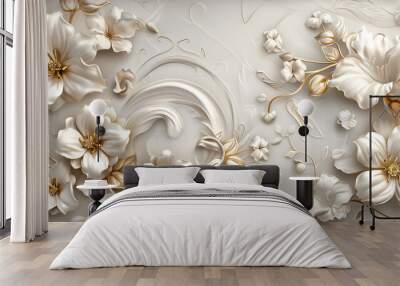 3d luxury floral white flower leaves and golden wall wallpaper.interior wall home decorative background.generative ai Wall mural