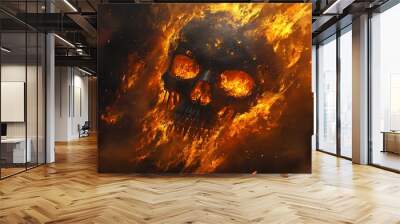 skull with burning fire flames dark background,generative ai Wall mural