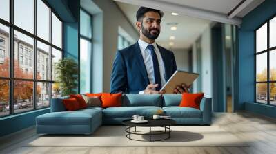 Confident Indian business man leader looking aside walking in office. Busy professional businessman going in hallway holding digital tablet thinking of work plan using tab computer. Authentic photo Wall mural