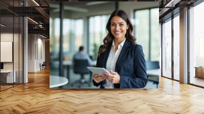 Portrait of young Hispanic professional business woman standing in office. Happy female company executive, smiling businesswoman entrepreneur corporate leader manager looking at camera using tablet Wall mural