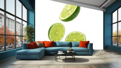 slices of lime falling isolated on transparent background Wall mural