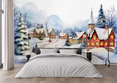 Watercolor winter city in snow Christmas card template Wall mural