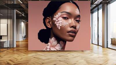 Asian fashion model face with flowers, Generative AI woman skin care concept illustration Wall mural