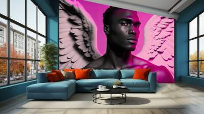 Black fashion model man with angel wings on a neon pink background, Generative AI image Wall mural