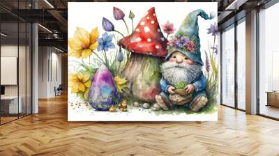 Cute easter gnome and colored eggs flowers and mashrooms watercolor Generative AI illustration Wall mural